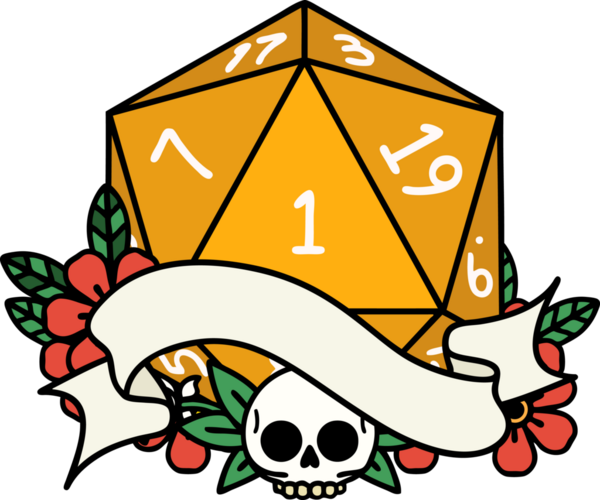 Retro Dövme Biçimi Doğal Bir d20 zar bir insan tarafından çizildi