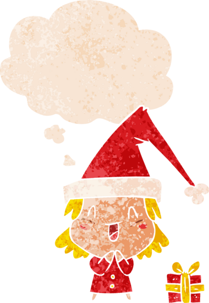 Çizgi film kızı, üzerinde düşünce baloncuğu olan noel şapkası ve grunge desenli hüzünlü eski tarz bir insan tarafından çizilmiş.