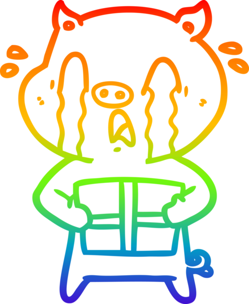 Ağlayan bir domuz çizgi filminin gökkuşağı gradyanı bir insan tarafından çizilmiş Noel hediyesini teslim ediyor.