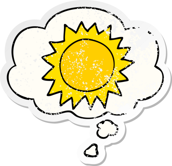Düşünce baloncuklu karikatür güneşi bir insan tarafından çizilmiş yıpranmış bir çıkartma gibi.