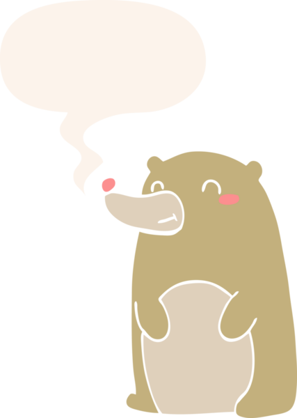 Bir insan tarafından çizilmiş konuşma baloncuğu olan sevimli çizgi film ayısı.