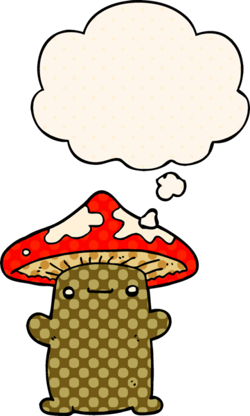 Çizgi roman tarzında bir insan tarafından çizilmiş düşünce baloncuklu mantar.
