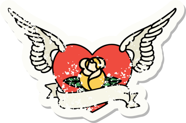 Geleneksel bir stil olan, çiçek ve pankart çizilmiş uçan kalp dövmesi.