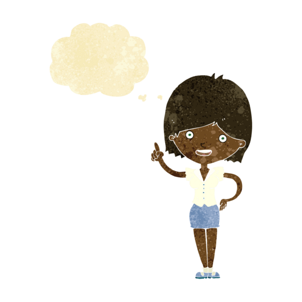 Bir insan tarafından çizilmiş düşünce baloncuğu fikri olan karikatür kadın.