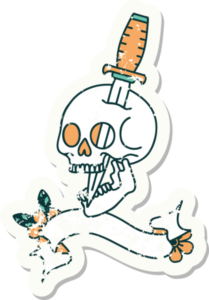 Bir insan tarafından çizilmiş kafatasının pankartıyla eski bir etiket.