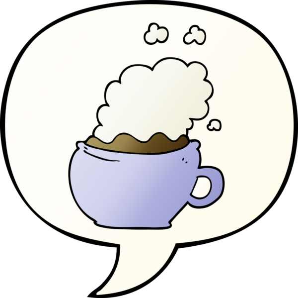 Bir insan tarafından çizilmiş yumuşak eğimli konuşma balonlu sıcak kahve fincanı.