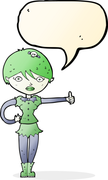 Bir insan tarafından çizilmiş konuşma baloncuğuyla baş parmak işareti yapan vampir kız.