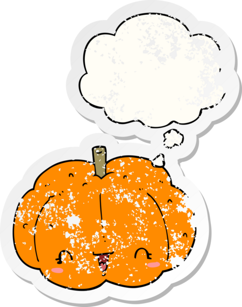 Düşünce baloncuğu olan karikatür balkabağı insan tarafından çizilmiş yıpranmış bir çıkartma.