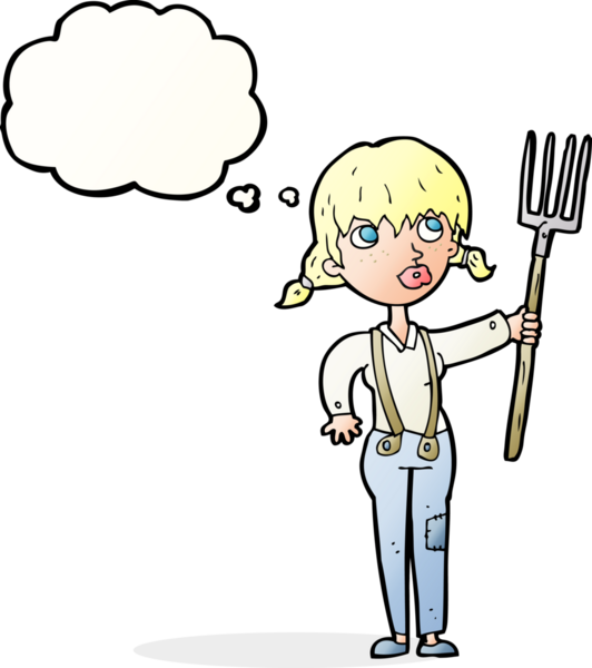 Bir insan tarafından çizilmiş düşünce balonlu çiftçi kız.