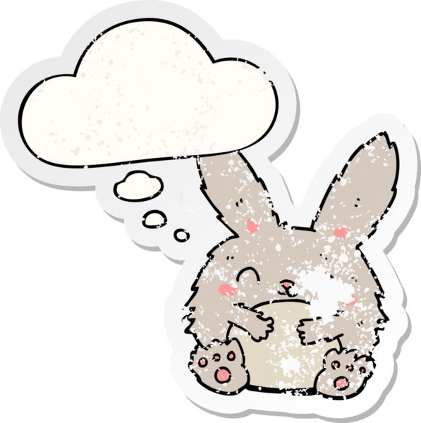 Düşünce baloncuğu olan sevimli çizgi film tavşanı bir insan tarafından çizilmiş yıpranmış bir çıkartma.