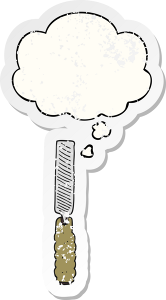 İnsan tarafından çizilmiş sıkıntılı bir çıkartma olarak düşünce baloncuğu olan metal bir çizgi film dosyası