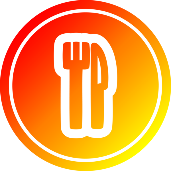 Bıçak ve çatal dairesel simgesi ve bir insan tarafından çizilmiş sıcak gradyan bitiş.