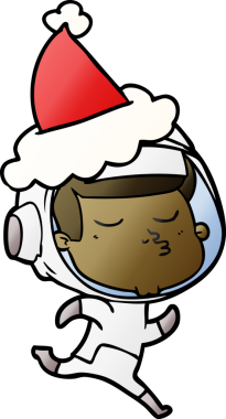 Bir insan tarafından çizilmiş Noel Baba şapkası giyen kendinden emin bir astronotun el çizimi çizimi.