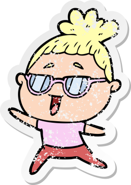 Bir insan tarafından çizilmiş gözlük takan mutlu bir kadının sıkıntılı çıkartması.