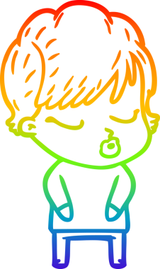 Gökkuşağı gradyan çizgi çizimi bir insan tarafından çizilmiş gözleri olan bir karikatür kadın