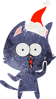 Bir insan tarafından çizilmiş Noel Baba şapkası takan bir kedinin komik el çizimi karikatürü