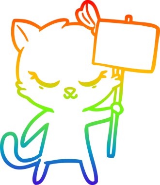 Gökkuşağı gradyan çizgisi üzerinde insan imzası olan şirin bir çizgi film kedisi çizimi