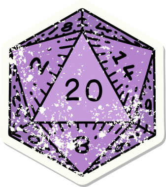 Bir insan tarafından çizilmiş 20 D20 zarının grunge sticker 'ı.