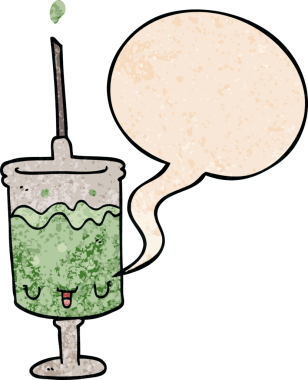 Konuşma baloncuğu olan karikatür şırıngası insan tarafından çizilmiş retro doku biçimi