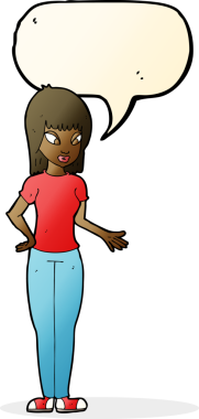 Bir insan tarafından çizilen konuşma baloncuğuyla açıklayan çizgi film kadını.