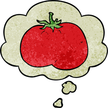 Düşünce baloncuklu çizgi film domatesi. Bir insan tarafından çizilmiş grunge desen tarzı.