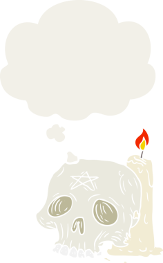 Bir insan tarafından çizilmiş, düşünce baloncuklu tuhaf kafatası ve mum.