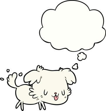 Bir insan tarafından çizilmiş düşünce baloncuklu çizgi film köpeği.