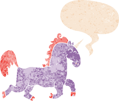 grunge 'da konuşma baloncuğu olan çizgi film tek boynuzlu atı bir insan tarafından çizilmiş tedirgin edilmiş eski tarz.