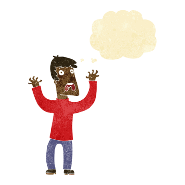 Bir insan tarafından çizilmiş düşünce baloncuğu olan korkmuş bir adam.