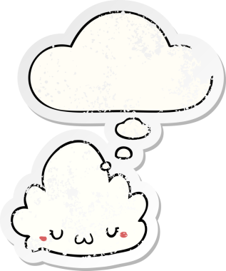 Düşünce baloncuğu olan sevimli çizgi film bulutu bir insan tarafından çizilmiş yıpranmış bir çıkartma gibi.