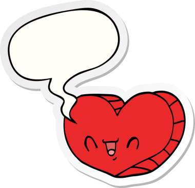 Bir insan tarafından çizilmiş konuşma kabarcığı çıkartmalı karikatür aşk kalbi.