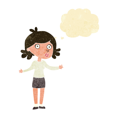 Bir insan tarafından çizilmiş düşünce baloncuğu olan kafası karışık bir kadın çizgi filmi.