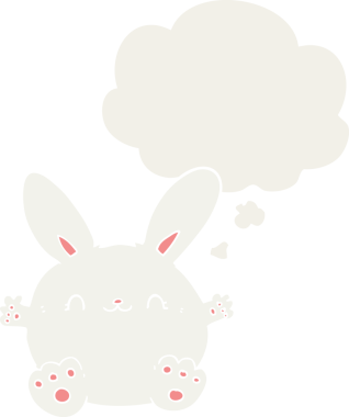 Bir insan tarafından çizilmiş düşünce baloncuklu sevimli çizgi film tavşanı.