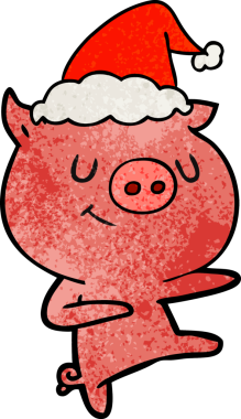 Mutlu el çizimi, insan tarafından çizilmiş Noel Baba şapkası takan bir domuzun çizgi filmi.