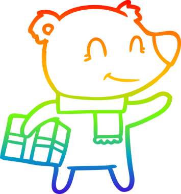 Gökkuşağı gradyan çizgisi. Dost bir ayının çizimi. Bir insan tarafından çizilmiş Xmas hediyesi ve eşarbı.