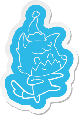 Bir insan tarafından çizilmiş Noel Baba şapkası giyen arkadaş canlısı bir tilkinin garip çizgi film çıkartması.