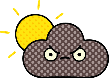 Bir insan tarafından çizilmiş fırtına bulutu ve güneşin çizgi romanı.