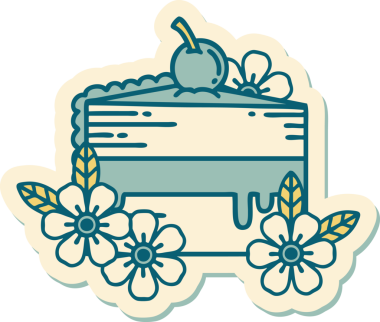 Bir insan tarafından çizilmiş geleneksel bir pasta dilimi ve çiçek stili dövme çıkartması.