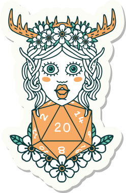 Bir insan tarafından çizilmiş nautral yirmilik zarlı bir Elf Druid karakterinin çıkartması.