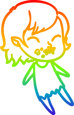 Gökkuşağı gradyan çizgisi. Bir insan tarafından çizilmiş yanağında kan olan vampir bir kız çizgi filmi.