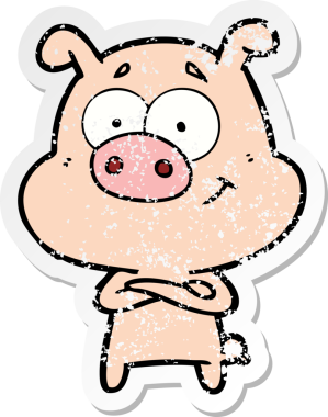 Bir insan tarafından çizilmiş mutlu çizgi film domuzunun sıkıntılı çıkartması.