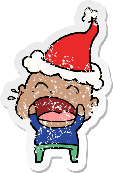 Bir insan tarafından çizilmiş Noel Baba şapkası giymiş bağıran kel bir adamın el yazısı.