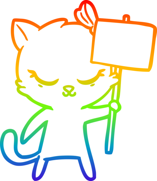 Gökkuşağı gradyan çizgisi üzerinde insan imzası olan şirin bir çizgi film kedisi çizimi