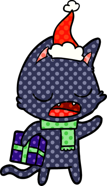 Konuşan kedi eli bir insan tarafından çizilmiş Noel Baba şapkasının çizgi roman çizimi.