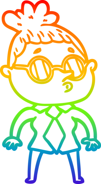 Gökkuşağı gradyan çizgi çizimi bir insan tarafından çizilmiş gözlük takan bir kadın.