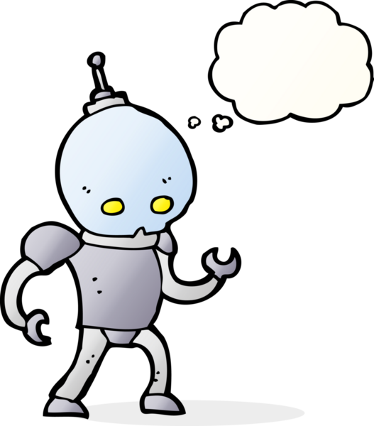 Bir insan tarafından çizilmiş düşünce baloncuklu uzaylı robot.