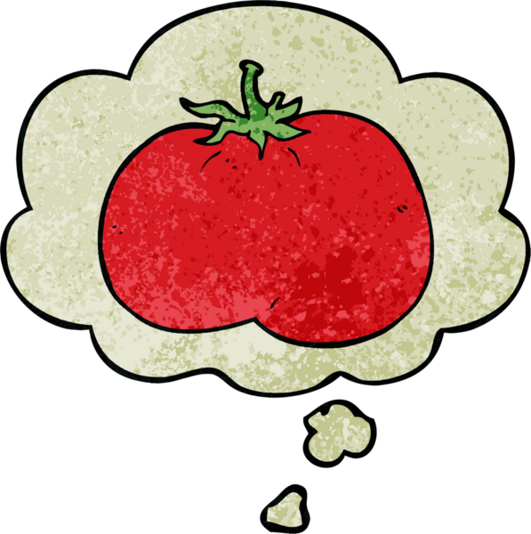 Düşünce baloncuklu çizgi film domatesi. Bir insan tarafından çizilmiş grunge desen tarzı.