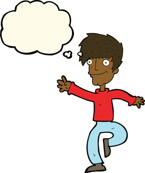 Bir insan tarafından çizilmiş düşünce baloncuğuyla dans eden mutlu adam çizgi filmi.