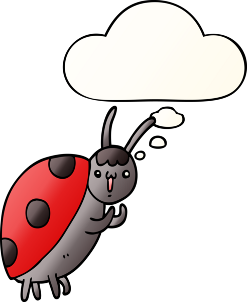 Bir insan tarafından çizilmiş yumuşak eğimli düşünce baloncuklu sevimli uğur böceği.