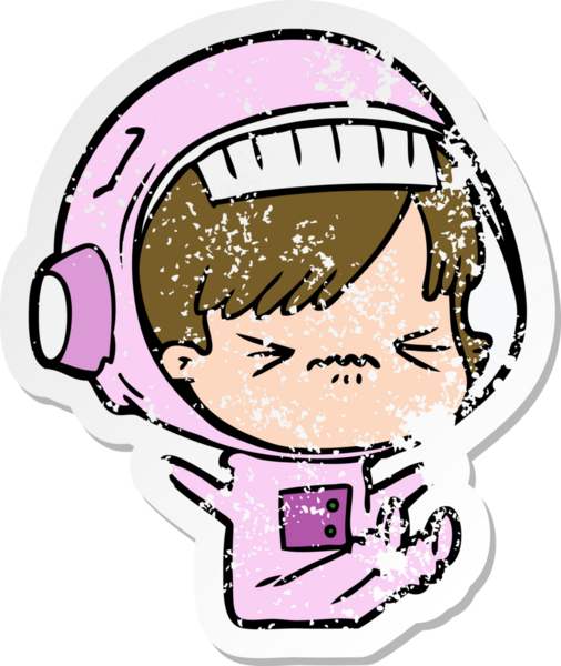 Bir insan tarafından çizilmiş karikatür astronot kadının sıkıntılı çıkartması.